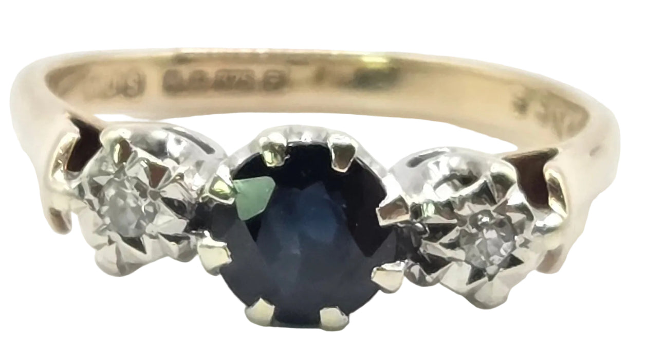 3218 Vintage: 9ct Yellow Gold Sapphire & Diamond Three-Stone Ring — From 1980