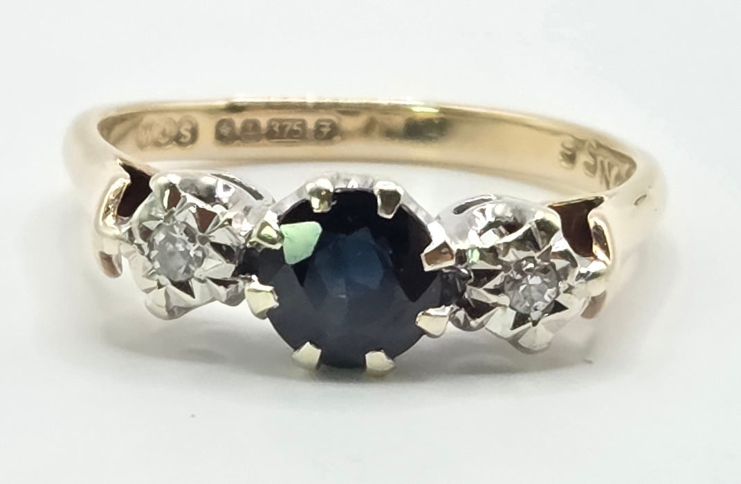 3218 Vintage: 9ct Yellow Gold Sapphire & Diamond Three-Stone Ring — From 1980