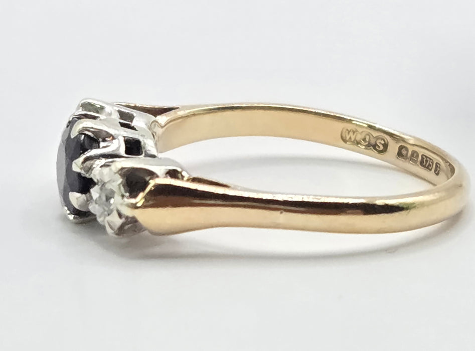 3218 Vintage: 9ct Yellow Gold Sapphire & Diamond Three-Stone Ring — From 1980