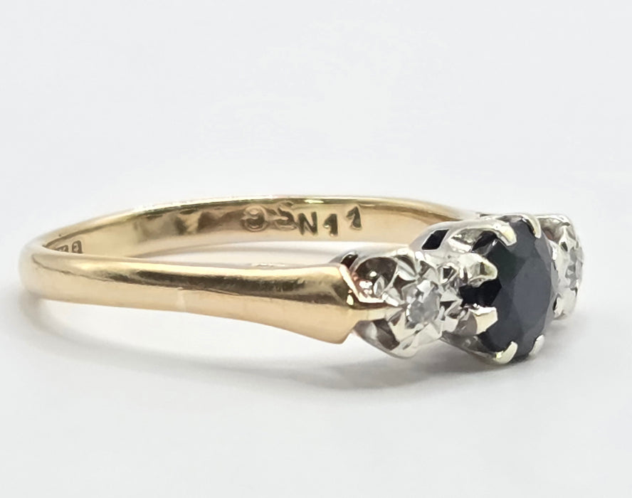 3218 Vintage: 9ct Yellow Gold Sapphire & Diamond Three-Stone Ring — From 1980