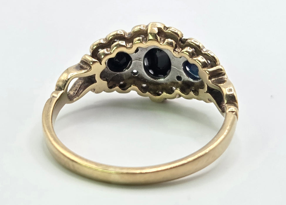 3216 Vintage: 9ct Yellow Gold Sapphire & Diamond Triple Cluster Ring