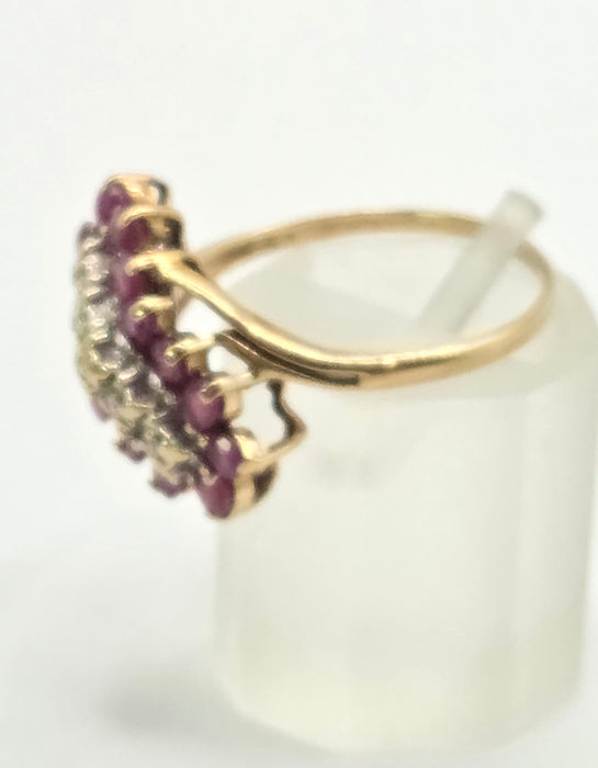 3222 Vintage: 9ct Yellow Gold Ruby & Diamond Cluster Ring — From 1970's