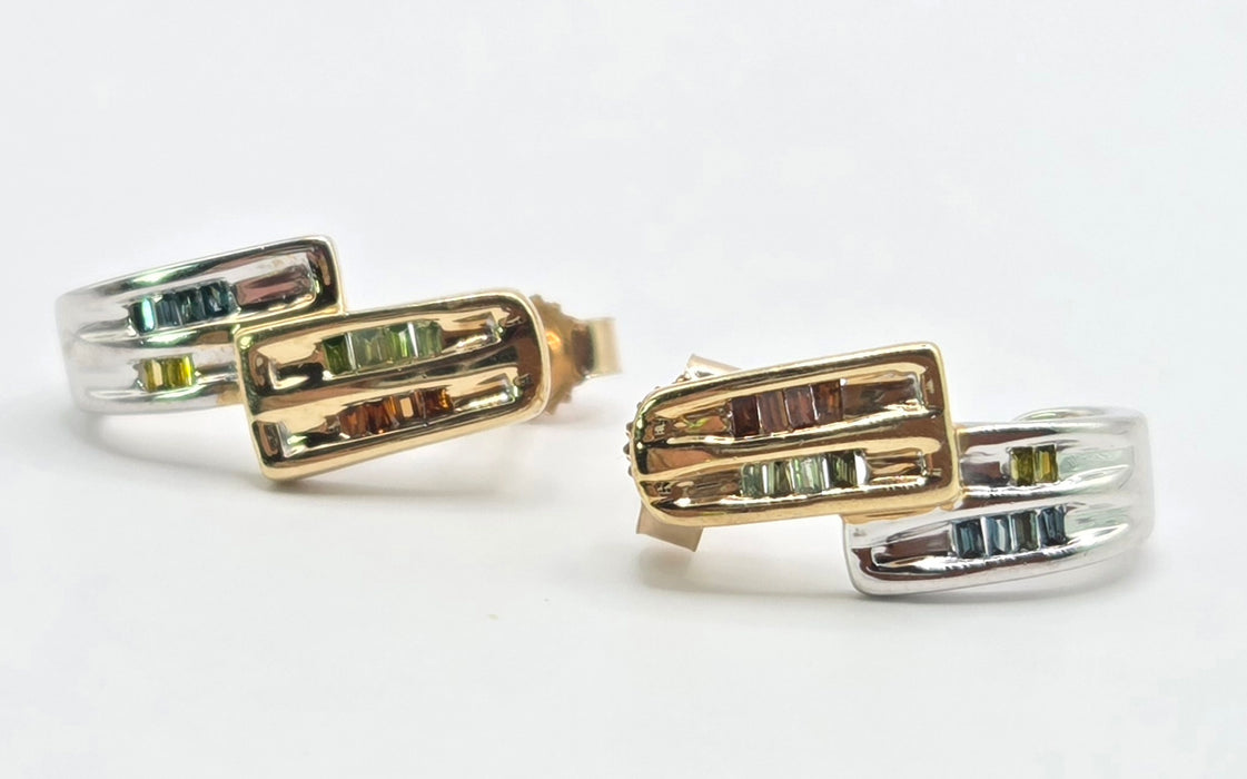 3215 Vintage: 9ct Yellow Gold Multicolour Diamond Baguette Drop Stud Earrings