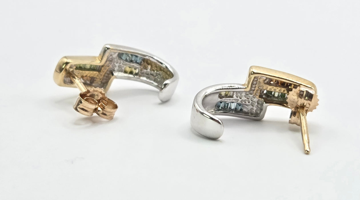3215 Vintage: 9ct Yellow Gold Multicolour Diamond Baguette Drop Stud Earrings