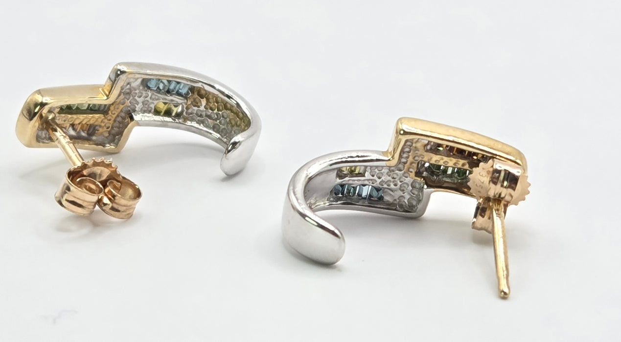 3215 Vintage: 9ct Yellow Gold Multicolour Diamond Baguette Drop Stud Earrings