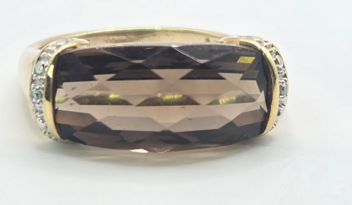 3244 Vintage: 9ct Yellow Gold Smoky Quartz & Diamond Cocktail Ring