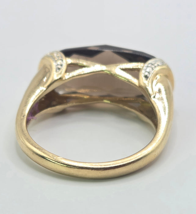 3244 Vintage: 9ct Yellow Gold Smoky Quartz & Diamond Cocktail Ring