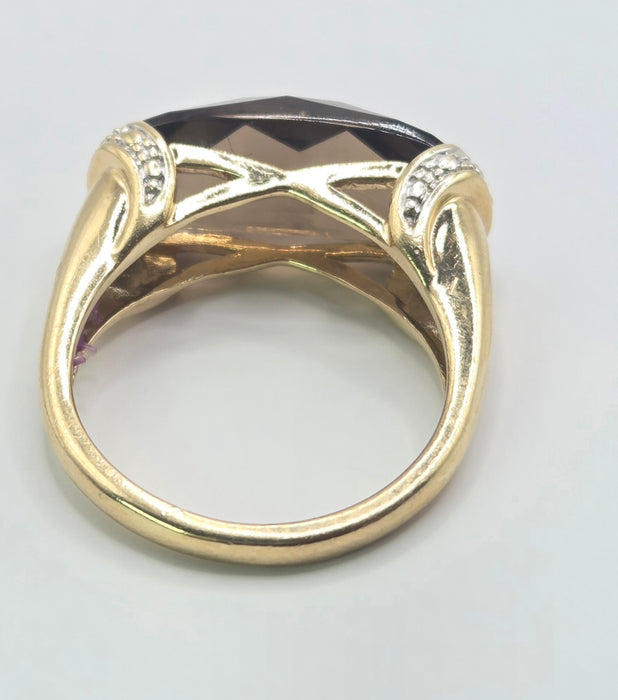 3244 Vintage: 9ct Yellow Gold Smoky Quartz & Diamond Cocktail Ring