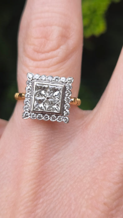 6534 Vintage: 18ct Yellow Gold Diamond Square Panel Ring — Art Deco Style