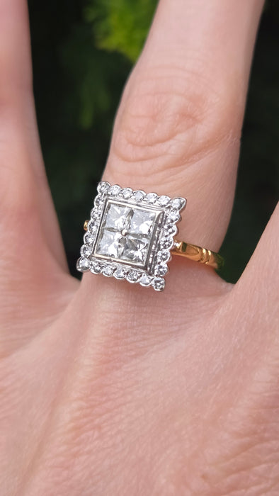6534 Vintage: 18ct Yellow Gold Diamond Square Panel Ring — Art Deco Style