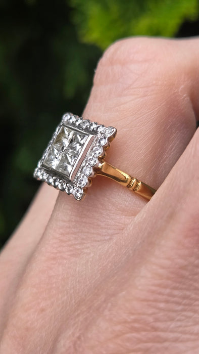 6534 Vintage: 18ct Yellow Gold Diamond Square Panel Ring — Art Deco Style