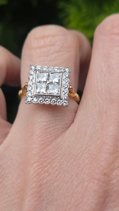 6534 Vintage: 18ct Yellow Gold Diamond Square Panel Ring — Art Deco Style