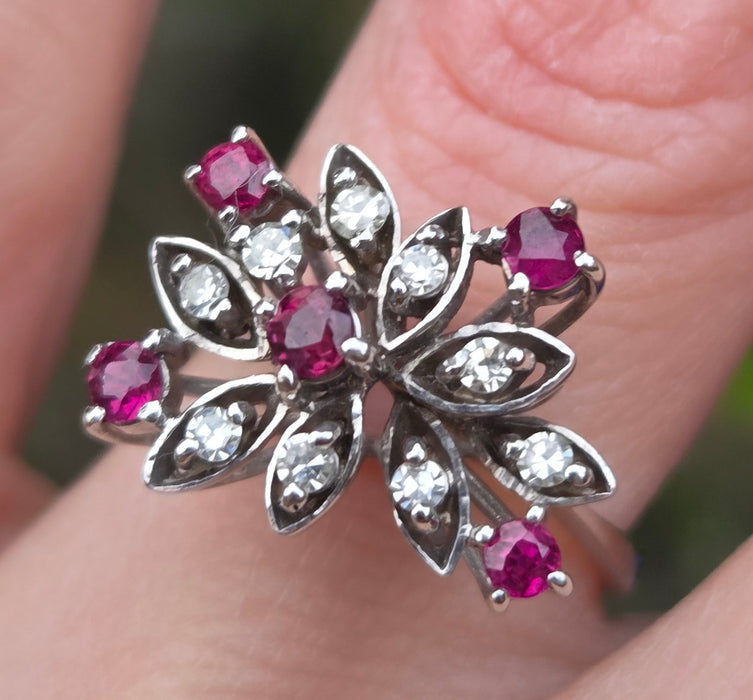 6498 Vintage: 18ct White Gold Ruby & Diamond Asymmetric Spray Cluster Ring — From 1973