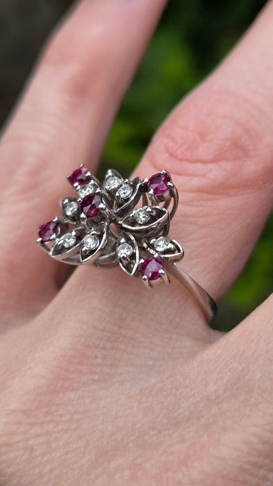 6498 Vintage: 18ct White Gold Ruby & Diamond Asymmetric Spray Cluster Ring — From 1973