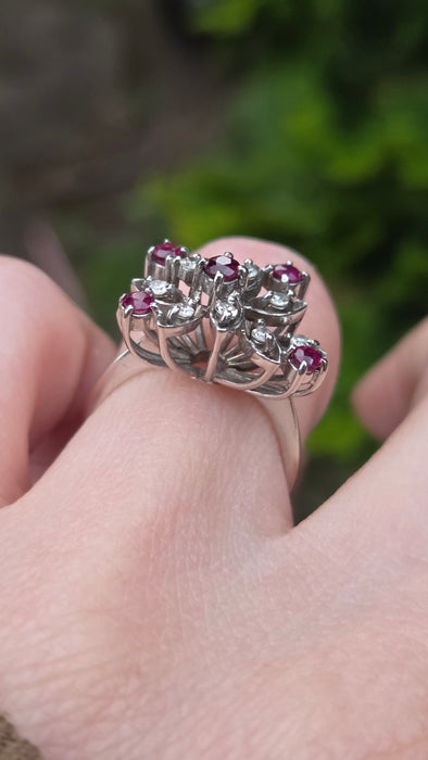 6498 Vintage: 18ct White Gold Ruby & Diamond Asymmetric Spray Cluster Ring — From 1973