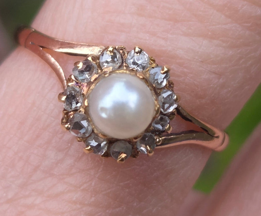 6445 Antique: 9ct Rose Gold Cultured Pearl 11 Natural Diamonds Dress Ring