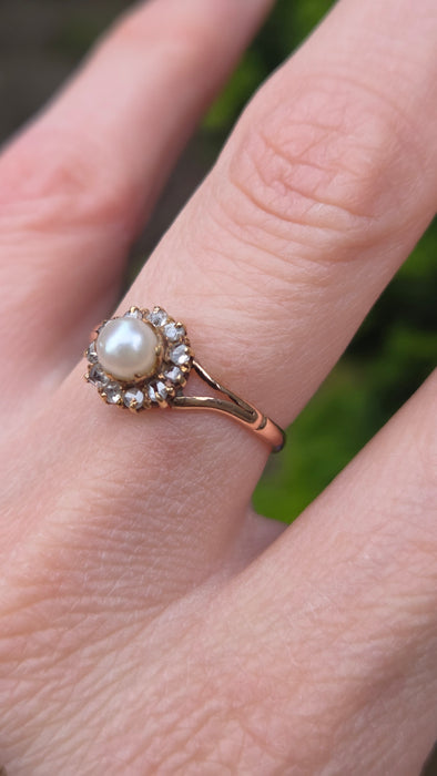 6445 Antique: 9ct Rose Gold Cultured Pearl 11 Natural Diamonds Dress Ring
