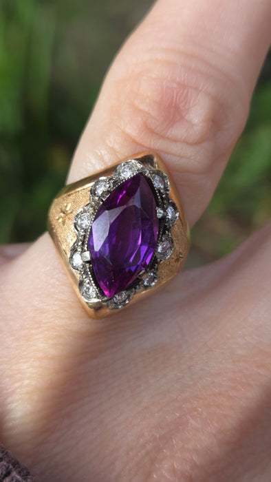 6505 Vintage: 18ct Yellow Gold Alexandrite & Diamond Marquise Cocktail Ring