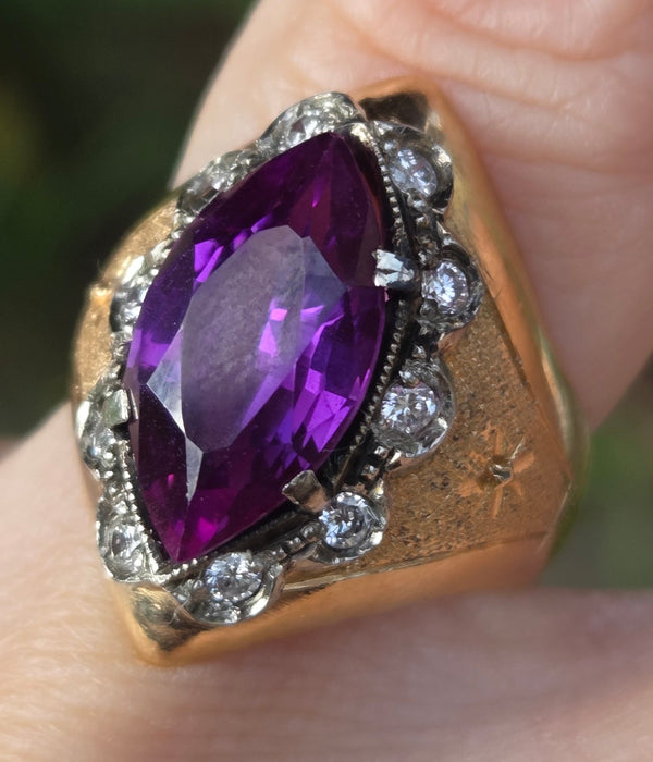 6505 Vintage: 18ct Yellow Gold Alexandrite & Diamond Marquise Cocktail Ring