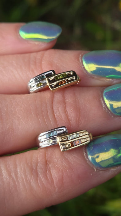 3215 Vintage: 9ct Yellow Gold Multicolour Diamond Baguette Drop Stud Earrings