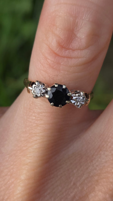 3218 Vintage: 9ct Yellow Gold Sapphire & Diamond Three-Stone Ring — From 1980
