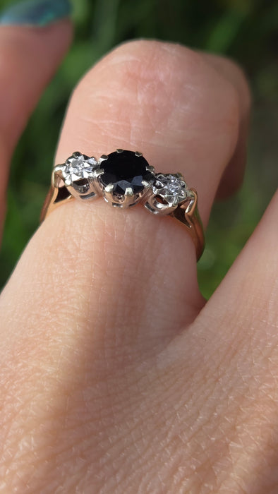 3218 Vintage: 9ct Yellow Gold Sapphire & Diamond Three-Stone Ring — From 1980