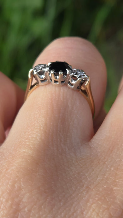 3218 Vintage: 9ct Yellow Gold Sapphire & Diamond Three-Stone Ring — From 1980
