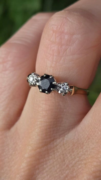 3218 Vintage: 9ct Yellow Gold Sapphire & Diamond Three-Stone Ring — From 1980