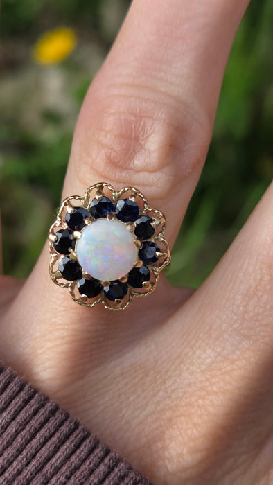 3180 Vintage: 9ct Yellow Gold Opal & Sapphire Cluster Ring — From 1977