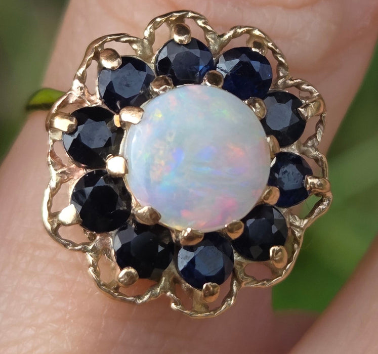 3180 Vintage: 9ct Yellow Gold Opal & Sapphire Cluster Ring — From 1977