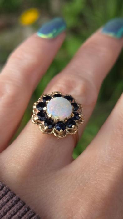 3180 Vintage: 9ct Yellow Gold Opal & Sapphire Cluster Ring — From 1977