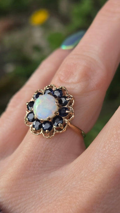 3180 Vintage: 9ct Yellow Gold Opal & Sapphire Cluster Ring — From 1977