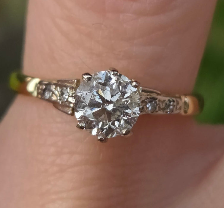 2841 Vintage: 18ct Yellow Gold 0.70ct Diamond Solitaire Ring with Diamond-Set Shoulders