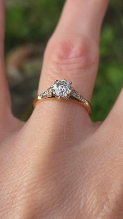 2841 Vintage: 18ct Yellow Gold 0.70ct Diamond Solitaire Ring with Diamond-Set Shoulders