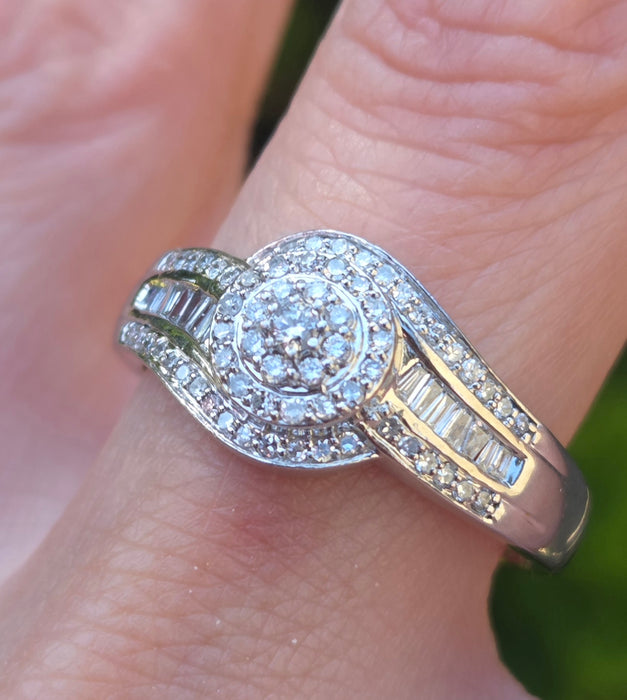3162 Vintage: Platinum Diamond Round Cluster & Baguette Ring
