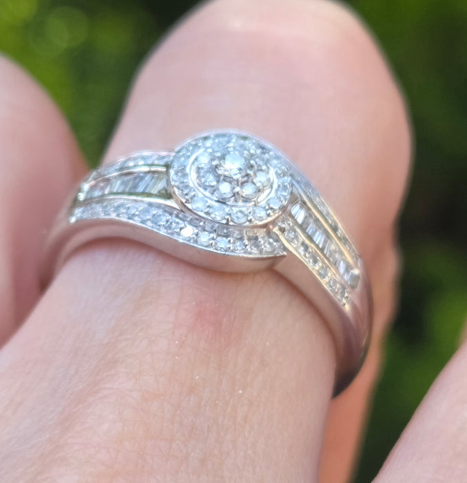 3162 Vintage: Platinum Diamond Round Cluster & Baguette Ring