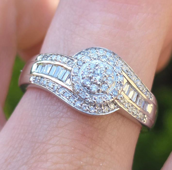 3162 Vintage: Platinum Diamond Round Cluster & Baguette Ring