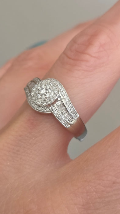 3162 Vintage: Platinum Diamond Round Cluster & Baguette Ring