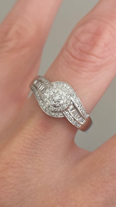 3162 Vintage: Platinum Diamond Round Cluster & Baguette Ring