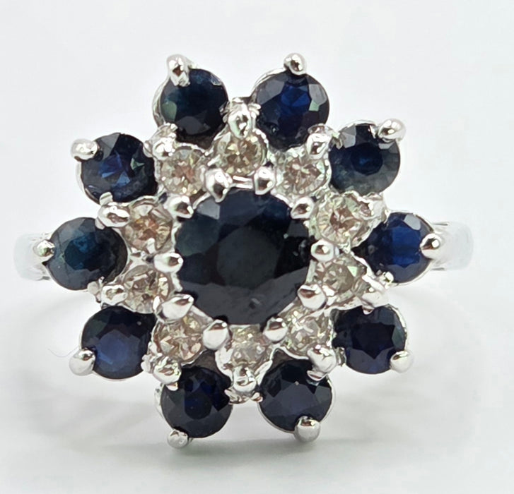 6046 Vintage: 18ct White Gold Sapphire & Diamond Flower Cluster Ring