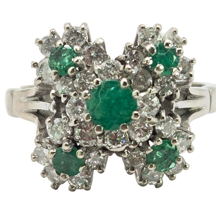 6076 Vintage: 18ct White Gold Emerald & Diamond Cluster Ring
