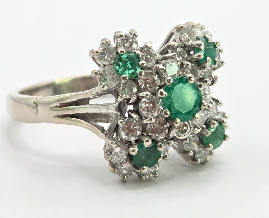 6076 Vintage: 18ct White Gold Emerald & Diamond Cluster Ring