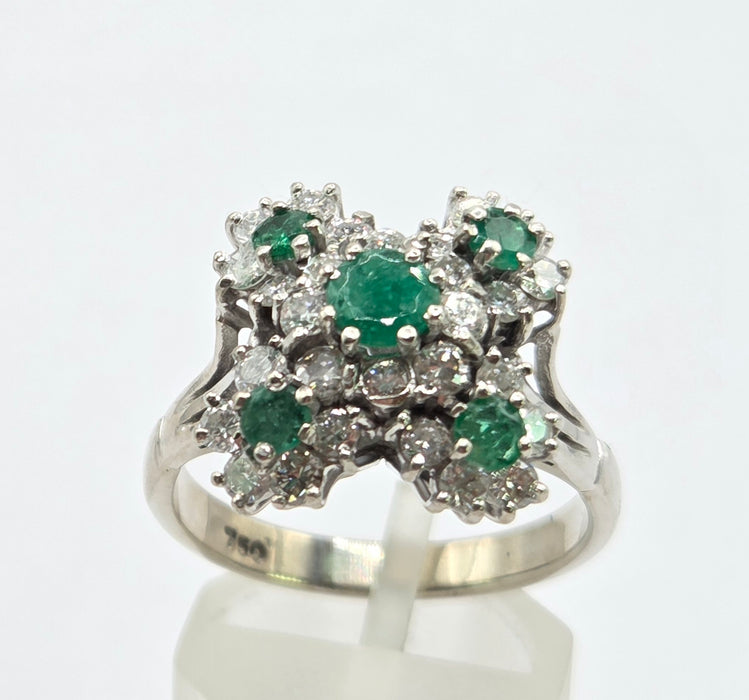 6076 Vintage: 18ct White Gold Emerald & Diamond Cluster Ring