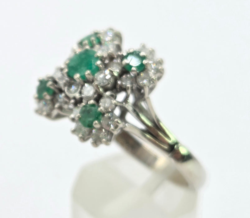 6076 Vintage: 18ct White Gold Emerald & Diamond Cluster Ring