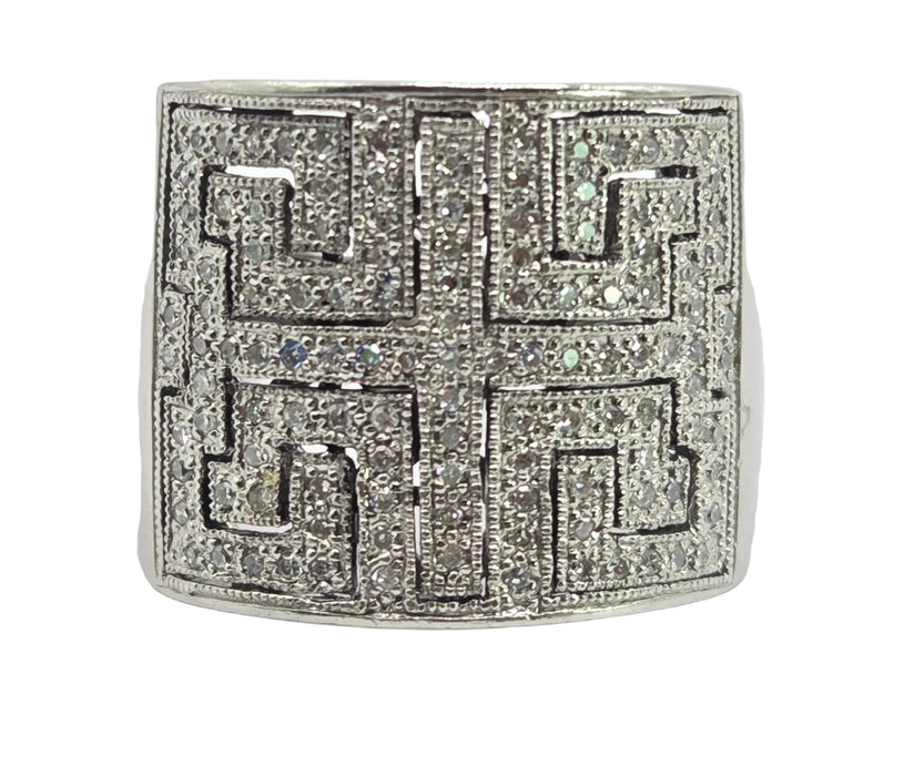 6330 Vintage: 9ct White Gold 1.75ct Diamond Greek Key Statement Ring