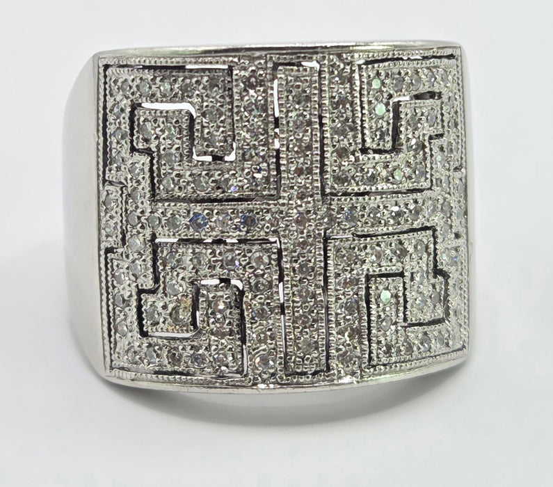 6330 Vintage: 9ct White Gold 1.75ct Diamond Greek Key Statement Ring