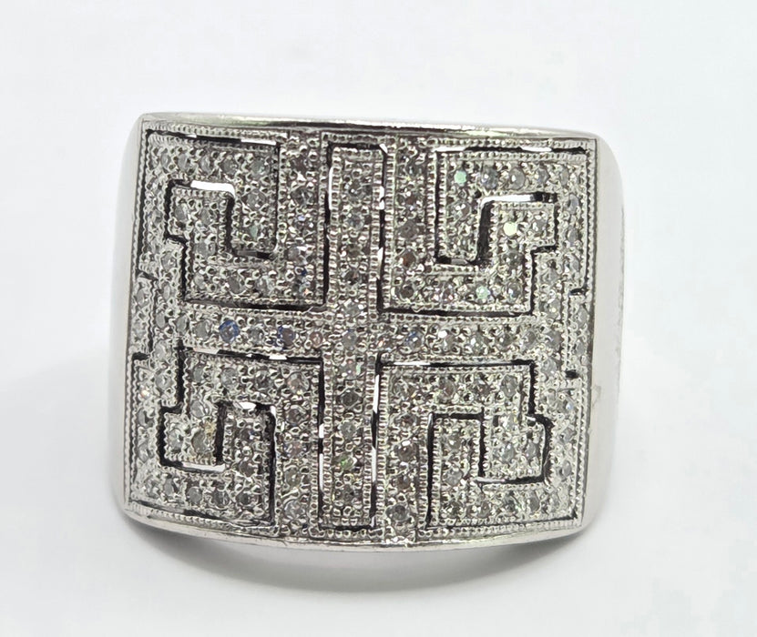 6330 Vintage: 9ct White Gold 1.75ct Diamond Greek Key Statement Ring