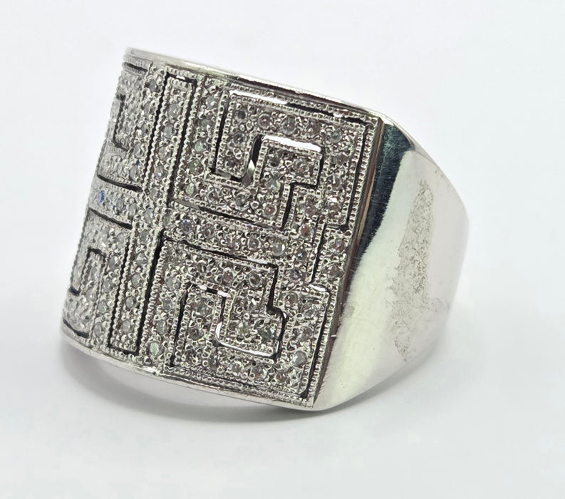 6330 Vintage: 9ct White Gold 1.75ct Diamond Greek Key Statement Ring