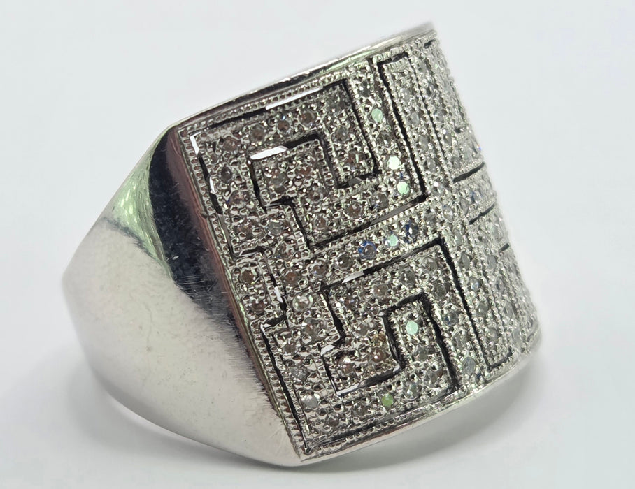 6330 Vintage: 9ct White Gold 1.75ct Diamond Greek Key Statement Ring