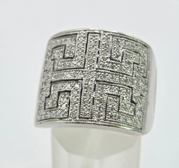 6330 Vintage: 9ct White Gold 1.75ct Diamond Greek Key Statement Ring